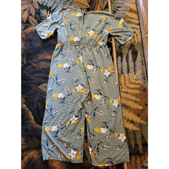 Old Navy Jumpsuit Women's 1X Green Floral Wrap Front Bell Sleeve Wide Leg - Picture 3 of 6